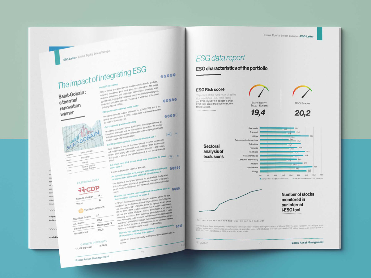 Vue d'une double page de données du rapport ESG pour Exane Asset Management. Le travail de conception éditoriale illustre la mise en forme claire d'informations financières complexes grâce à des infographies sur-mesure, des graphiques comparatifs et des tableaux de scores aérés.