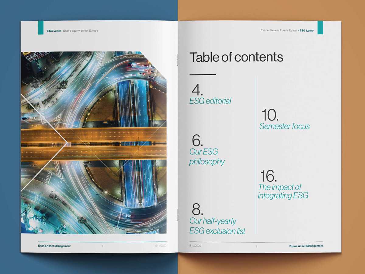 Exemple de mise en page de table des matières pour une lettre d'information ESG imprimée. Design épuré avec typographie moderne et hiérarchie visuelle claire, réalisé pour Exane Asset Management.